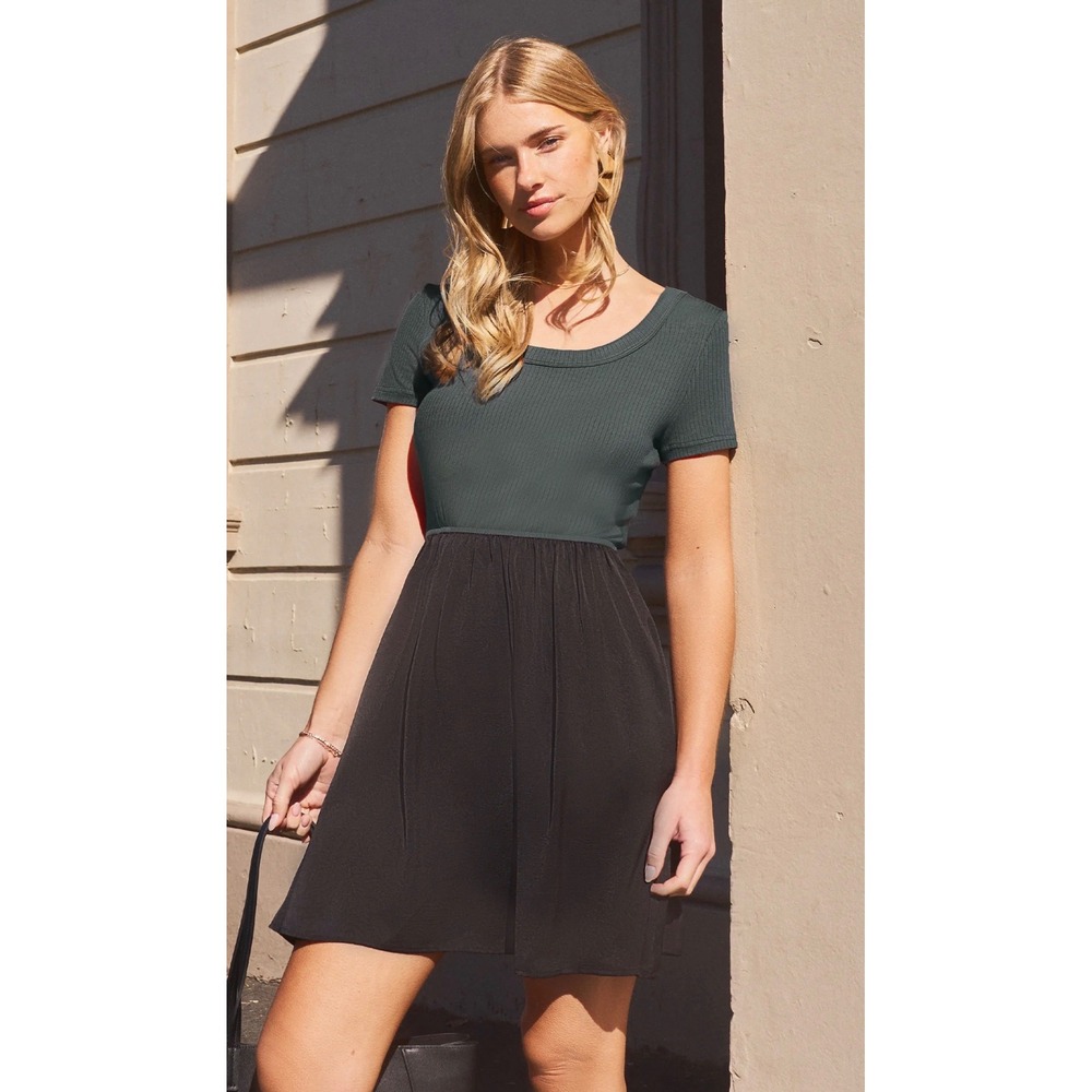 Cupshe Dress Womens Large Grey Black NEW Ribbed Short Sleeve Two-Tone